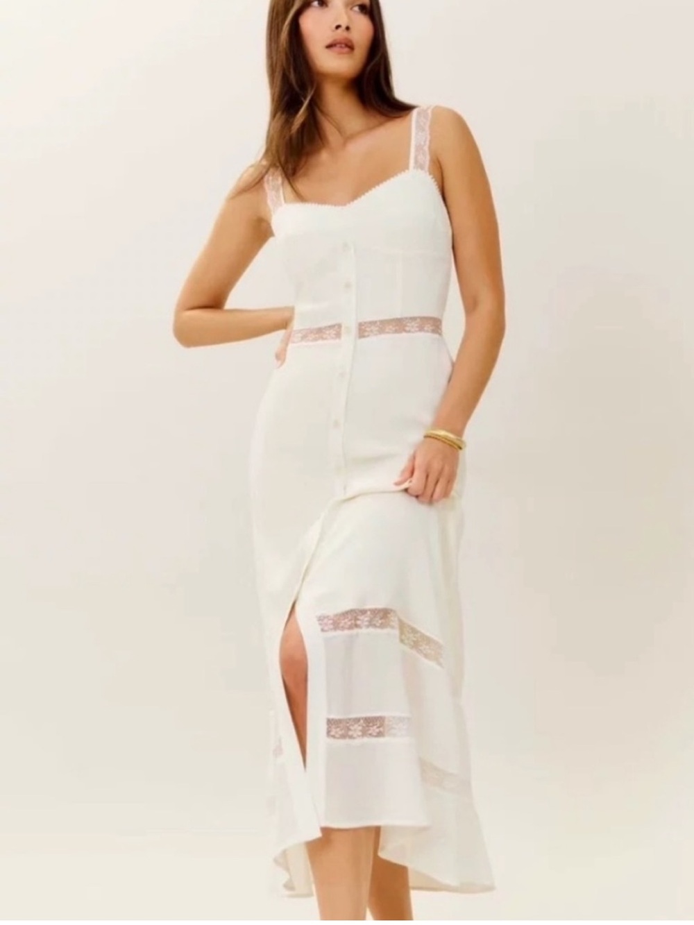 Reformation White Lace-Trim Midi Dress